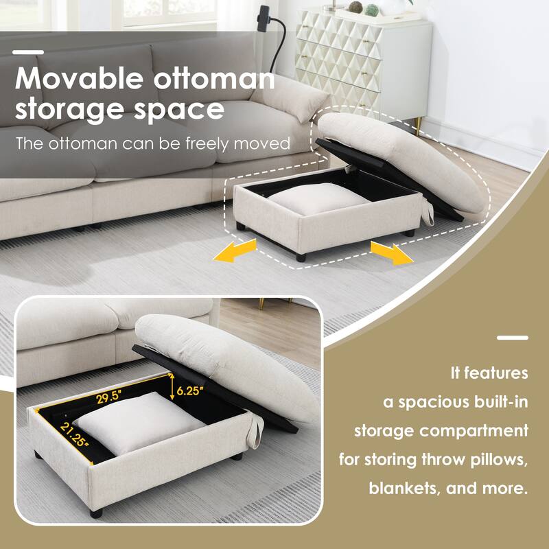 L Shaped Wide Seat Chenille Sectional Sofa w/ Storage Ottoman, Pockets, USB