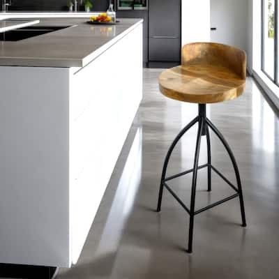Pia 32-35 Extra Tall Adjustable Barstool, Natural Brown Mango Wood Seat, Black Iron Frame