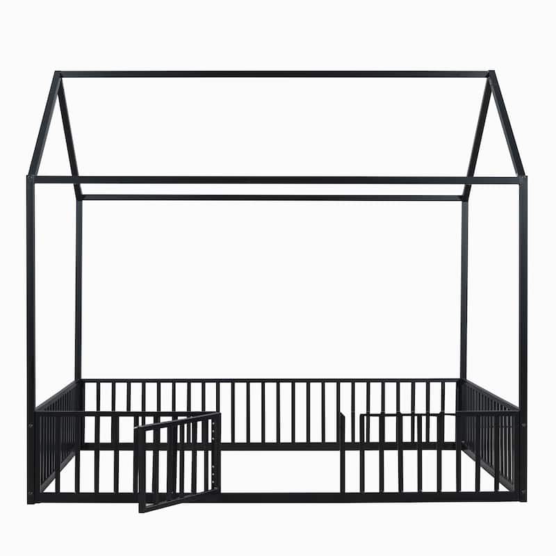 Black Full Size Metal House Bed with Fence, Roof, and Door for Kids' Bedroom