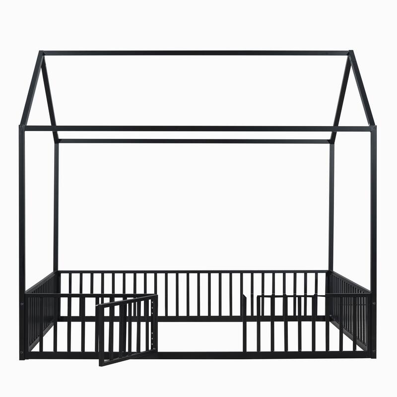 Full Size Metal House Bed with Fence, Roof, and Door for Kids