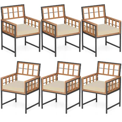 Set of 6 Patio Dining Chairs Acacia Wood Armchairs with Cushions - Multi