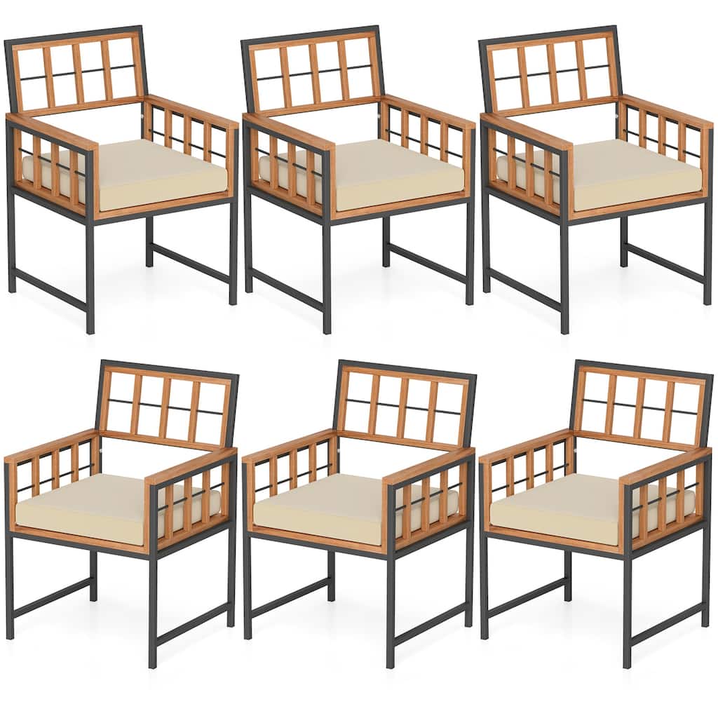 Set of 6 Patio Dining Chairs Acacia Wood Armchairs with Cushions - Multi