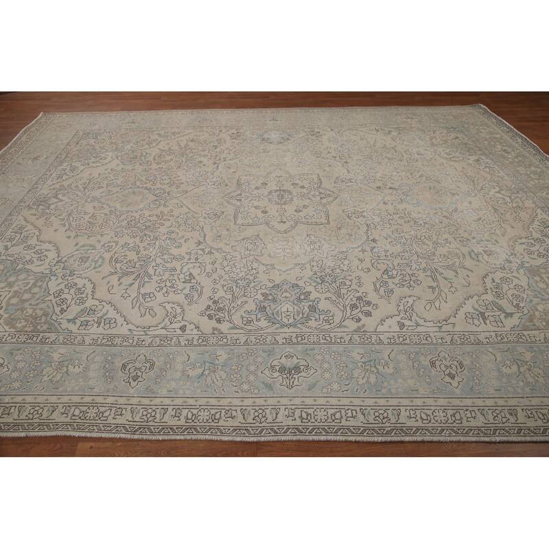 Hand Knotted Oriental 100% Wool Carpet Traditional Floral Beige & Ivories Tabriz Area Rug - 12' 6'' X 9' 10''