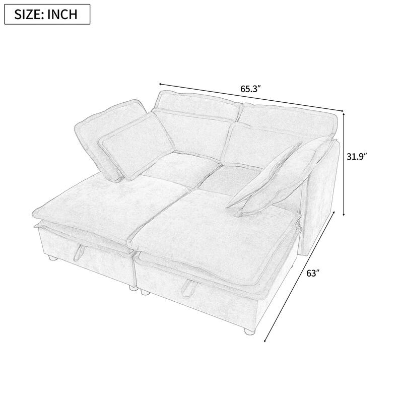 Double-Layer Cushion Modular 4-Seater Sofa with Storage, Beige Polyester