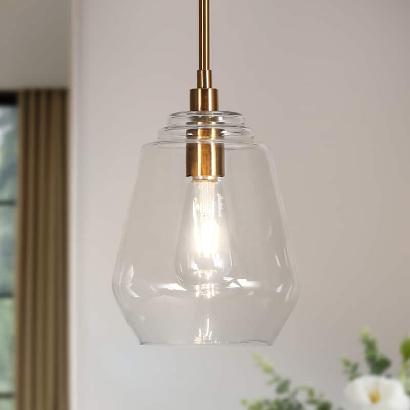 Velus Mid-century Modern Gold 1-Light Cylinder Clear Glass Single Pendant Kitchen Island Lights - D 8'' x H 11''