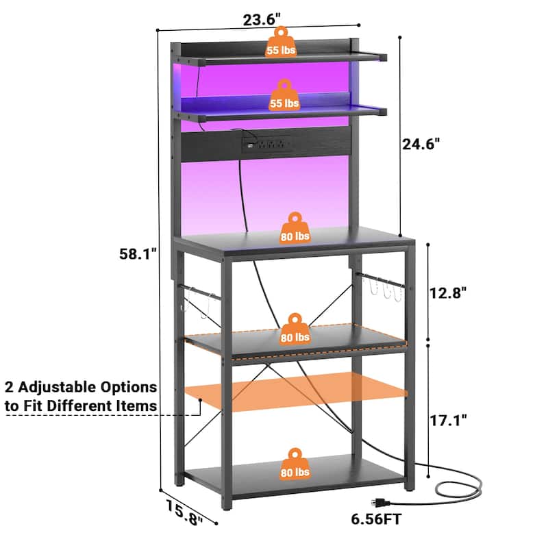 Bakers Rack Kitchen Storage Shelf with Power Outlets and RGB LED Lights,5 Tiers Coffee Bar Station,Microwave Stand