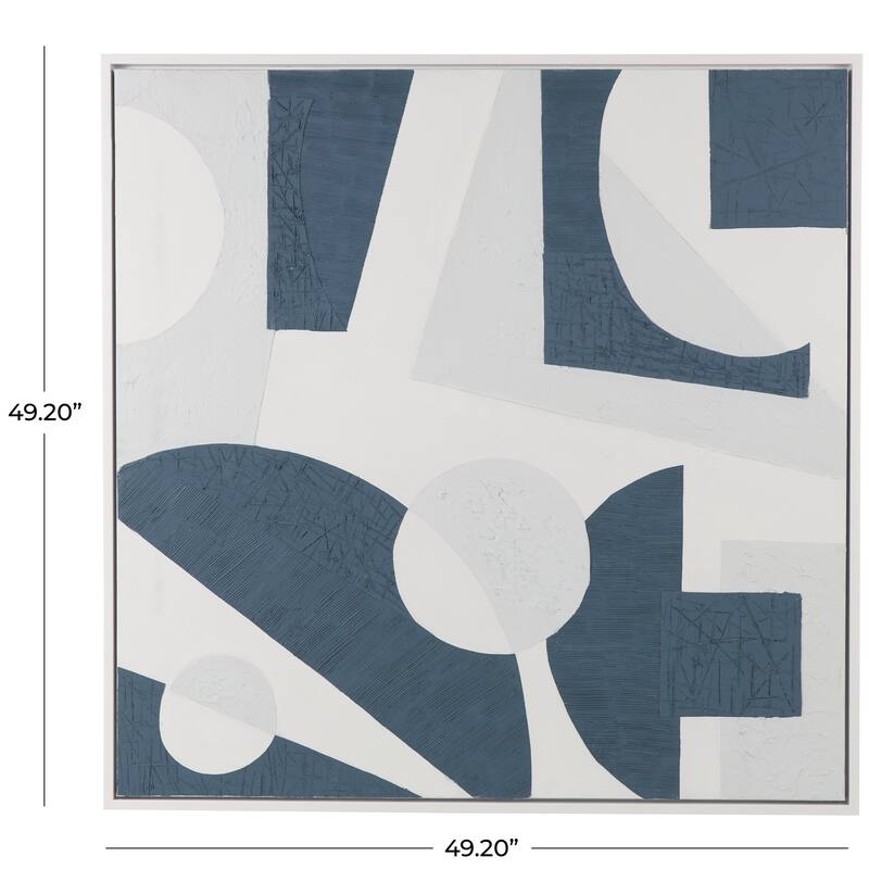 Blue Canvas Textured Geometric Living Room Framed Wall Art with Various Shapes On a White Background