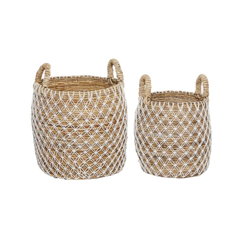 Banana Leaf Handmade String Detail Decorative and Functional Storage Basket with Handles - Set of 2 Brown - Roche River Decor - Brown - 19", 17"H
