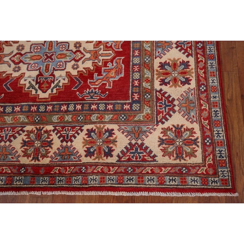 Red Geometric Kazak Area Rug Hand-Knotted Traditional Wool Carpet - 4'10" x 6'9"