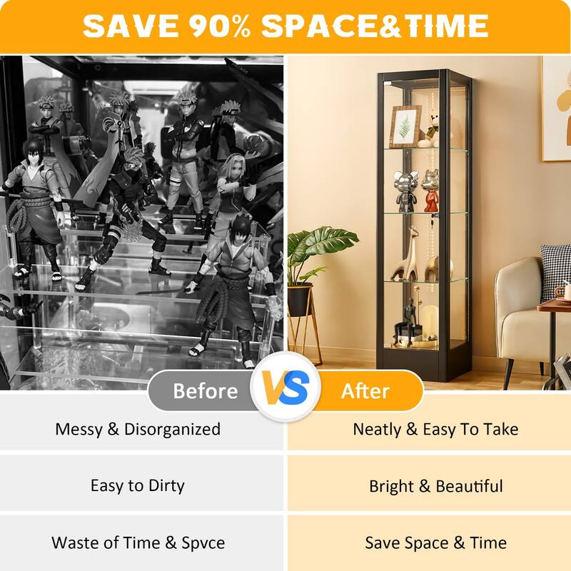 4-shelf Glass Curio Display Cabinet with Doors, RGB Light & Adjustable Storage Shelves - 63"H x 15.8"W x 15.8"D