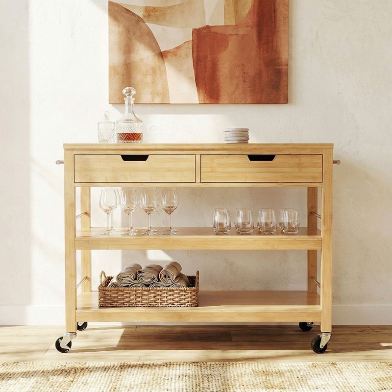 Bamboo Bar Cart with Locking Wheels, Drawers, and Open Shelves for Kitchen