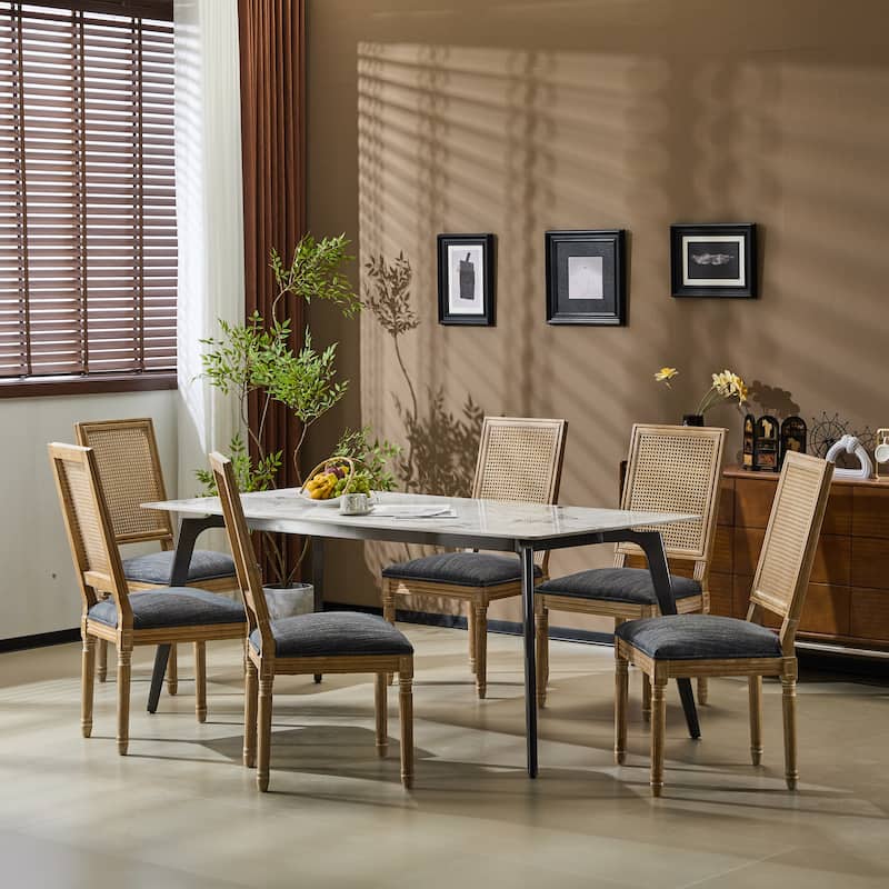 [Set of 6] French Country Dining Chairs-0Elegant Cane Backrest & Upholstered Seats with Fluted Legs- Solid Rubberwood Frame