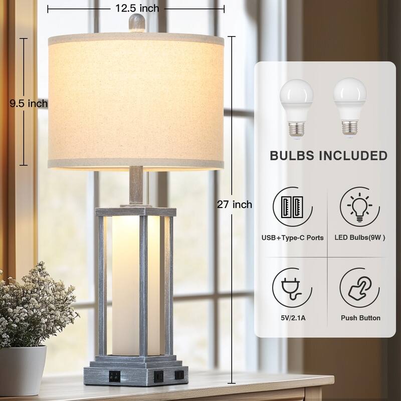 27" Grey Industrial Table Lamps with USB-C Charging, Dual Lighting(Set of 2) - 12.5'' x 12.5'' x 27''