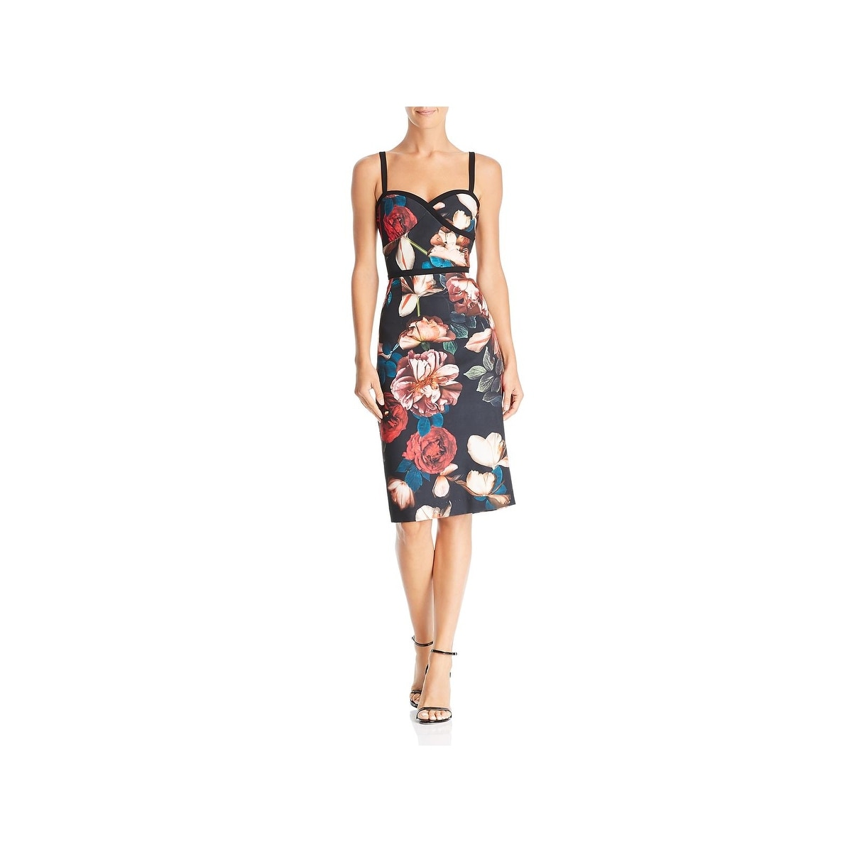 black halo floral sheath dress