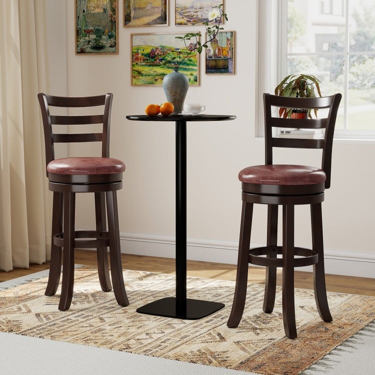 Set of 2 Cappuccino Rubber Wood MDF Swivel Bar Stools with Faux Leather and Footrest
