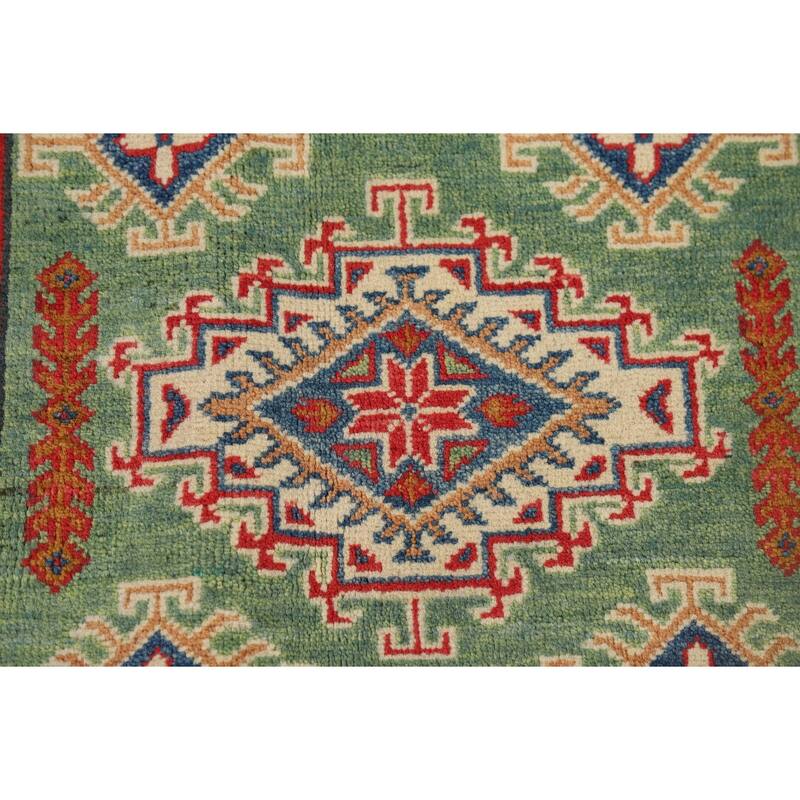 Green Geometric Kazak Foyer Rug Handmade Wool Carpet - 3'1" x 4'11"