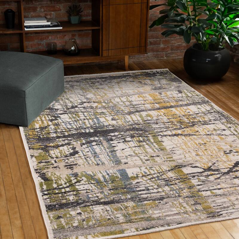 Blue Yellow Green Grey Paint Splatter Abstract Area Rug