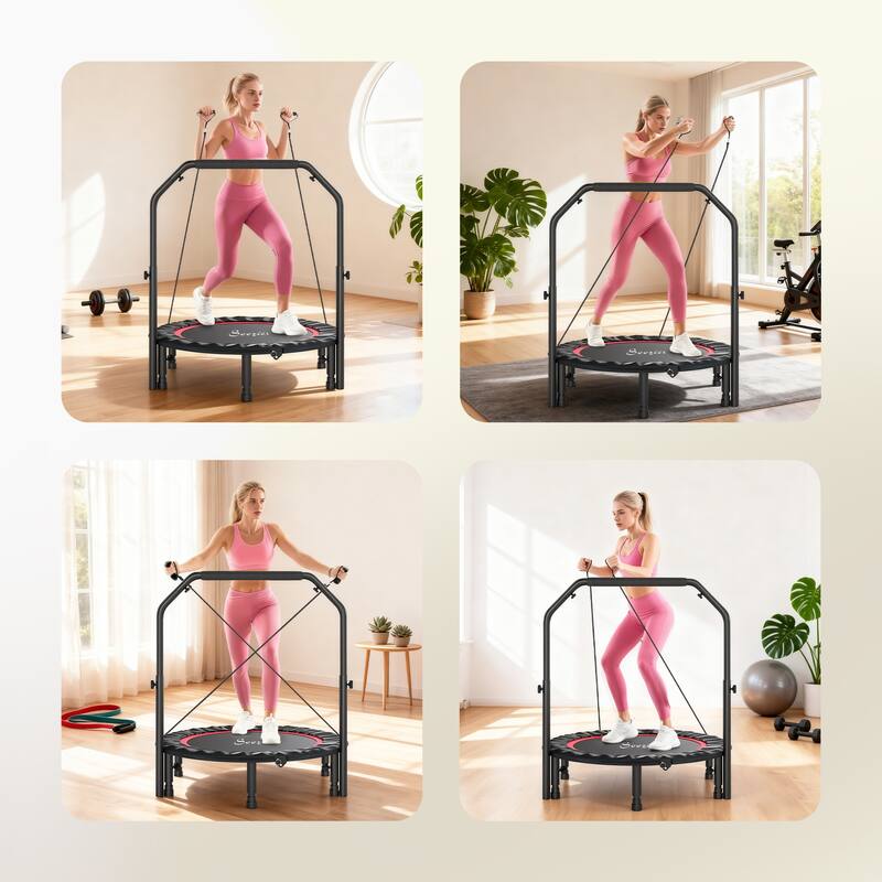 Soozier 40" Foldable Mini Trampoline, for Adults with Adjustable Foam Handle and Resistance Bands, Max Load 330 lbs, Red