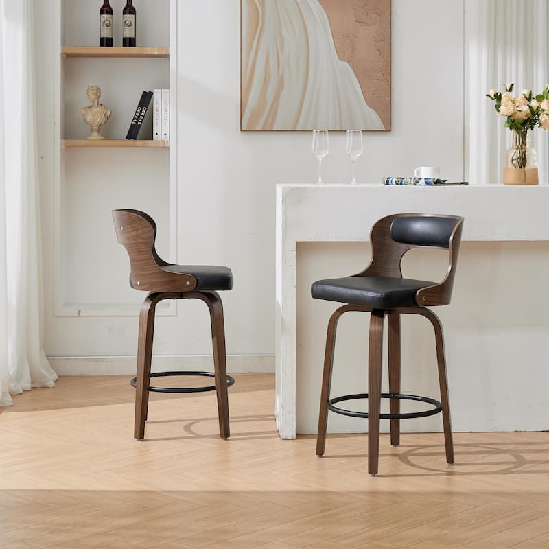 SEYNAR PU Leather 360 Degree Swivel Open Back Bar Stools Wood Legs Set of 2