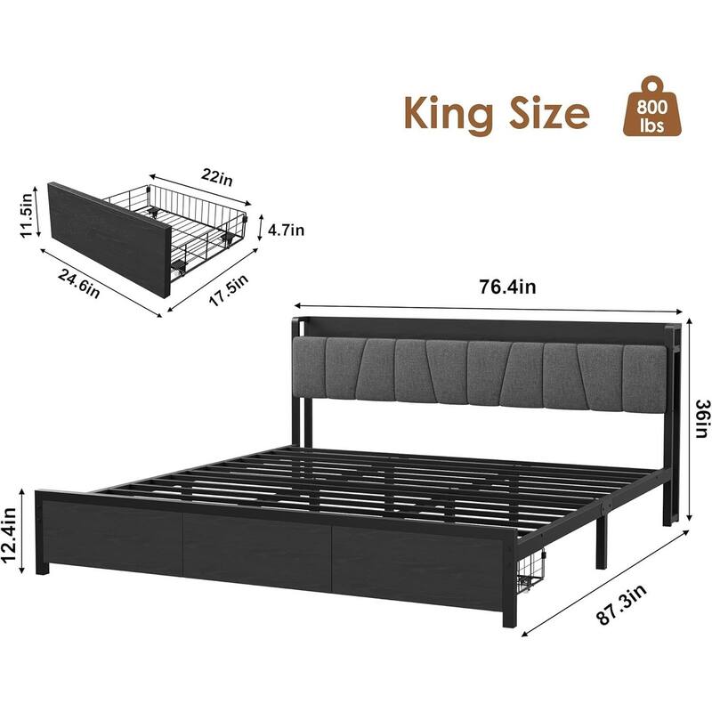 Platform Bed Frame with Charging Station and Functional Storage Headboard