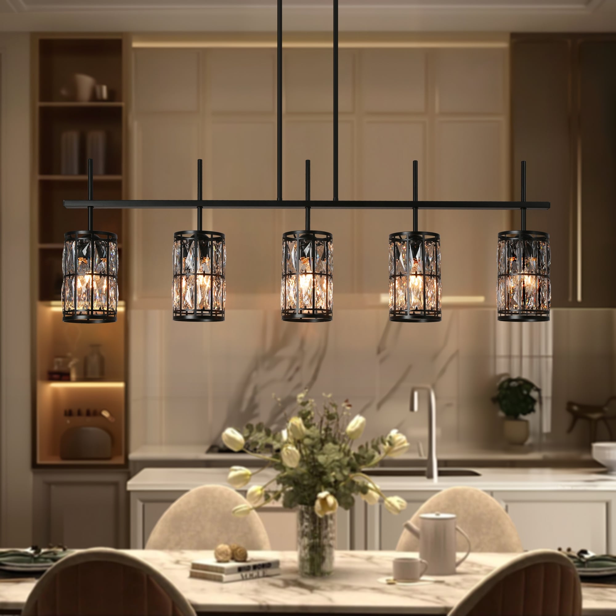 Aulia Modern 5-Light Crystal Chandelier Linear Black Pendant for Kitchen Island - L 45.6" x D 4.5" x H 15.5"