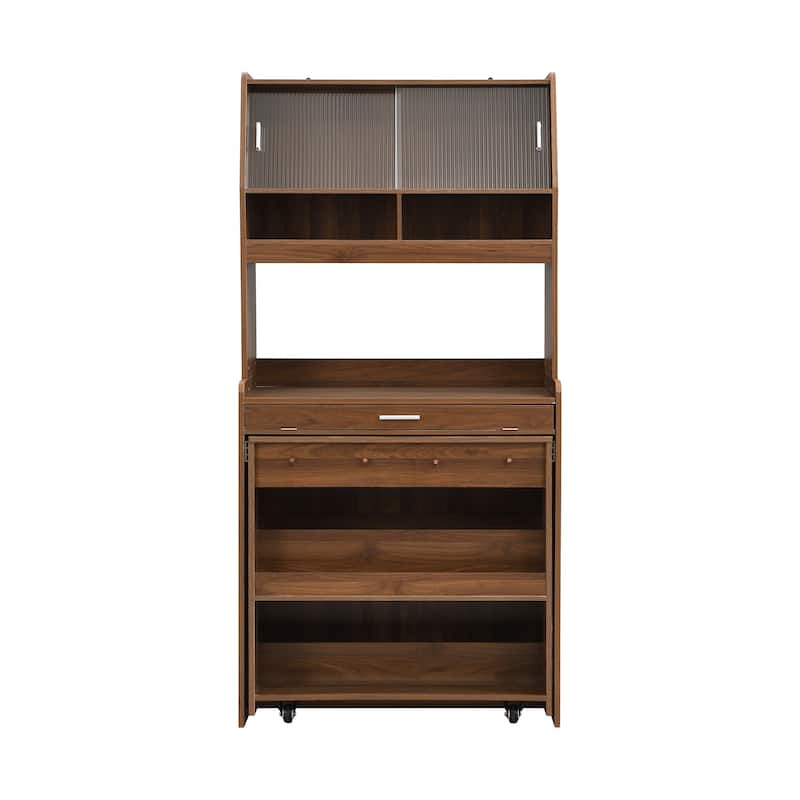 Multifunctional Buffet Hutch and Foldable Dining Table with Storage Unit and Rolling Wheels for Small Spaces