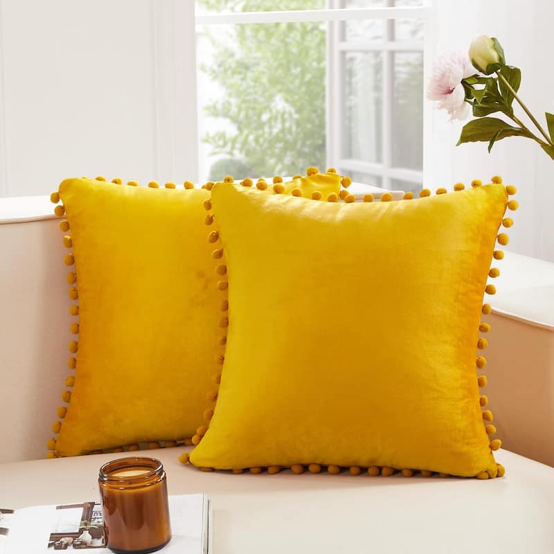 Deconovo Set of 4 Velvet Pom-Pom Pillow Covers Multiple Sizes - 24x24 Inch - Yellow