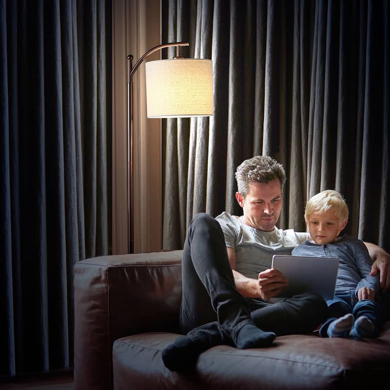 Brightech Montage 62 in. Mid-Century Modern LED Super Bright Floor Lamp with Beige Fabric Drum Shade