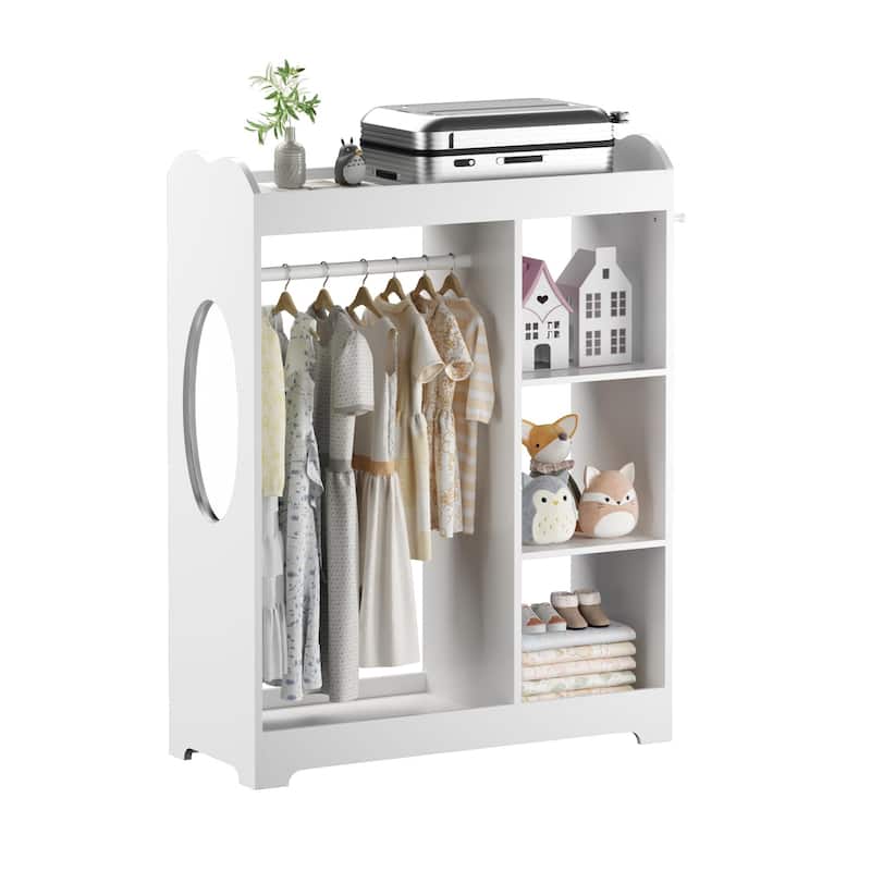 Kids Dress Up Storage with Mirror and Hooks, Wooden Clothes Rack with Hanging Rod, 3 Side Hooks, Storage Shelves and Top Shelf