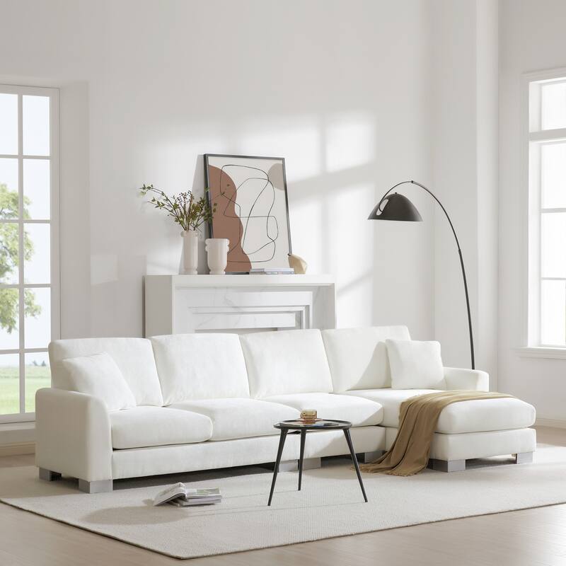 119" Oversized L-Shaped 5-Seater Sectional with Chaise and 2 Pillows for Living Room, Apartment, or Office - White