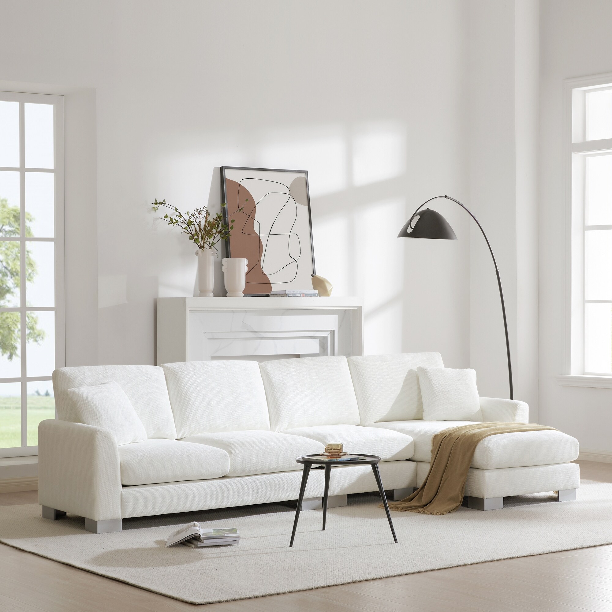 Modern 5 Seat Sectional Sofa Couch L Shaped Chenille Fabric Living Room Sets Couch with Chaise Lounge 2 Pillows Light Gray