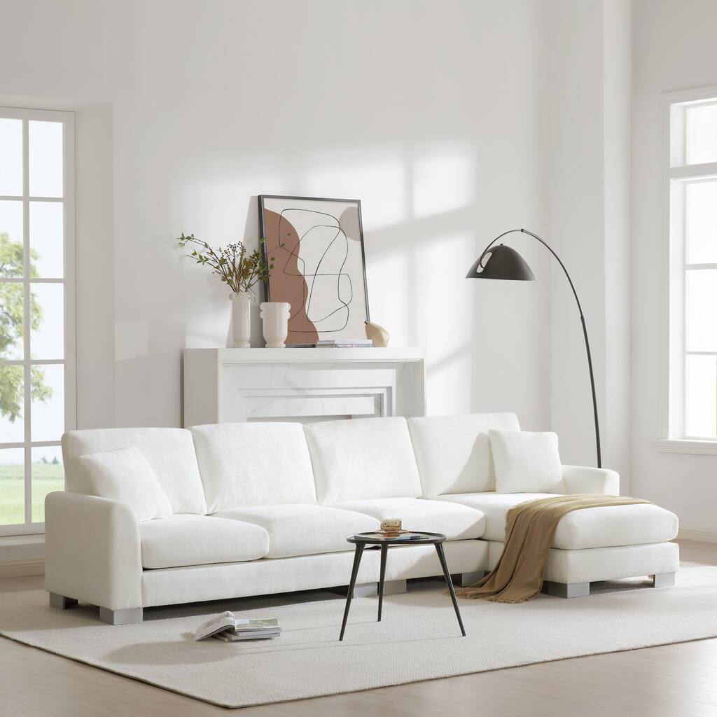 White 119'' Spacious L-Shaped 5-Seater Sectional Sofa with Chaise Lounge and 2 Decorative Pillows for Living Room
