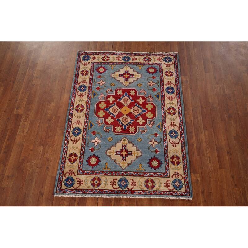 Light Blue Geometric Kazak Oriental Accent Rug Handmade Wool Carpet - 3'6" x 4'11"