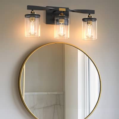 YANSUN 3-Head Industrial Vanity Light with Black Gold Finish and Clear Glass Shade - Modern Retro Style