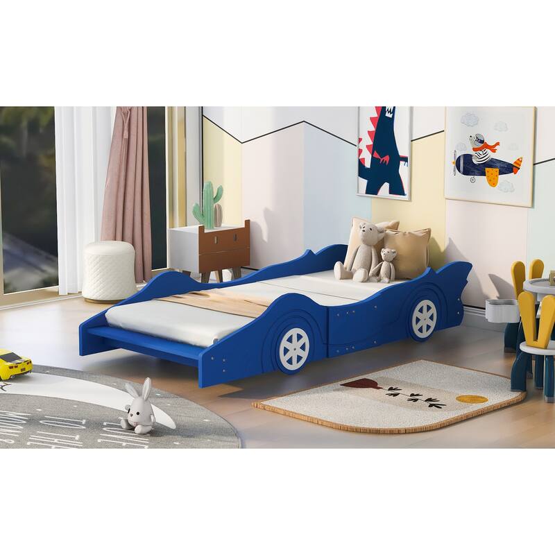 Twin Size Race Car-Shaped Platform Bed with Wheels, Blue