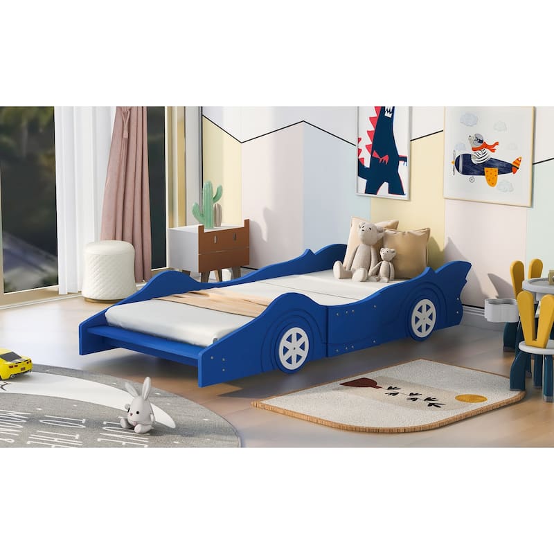 Twin Size Race Car-Shaped Platform bed with Wheels,Blue