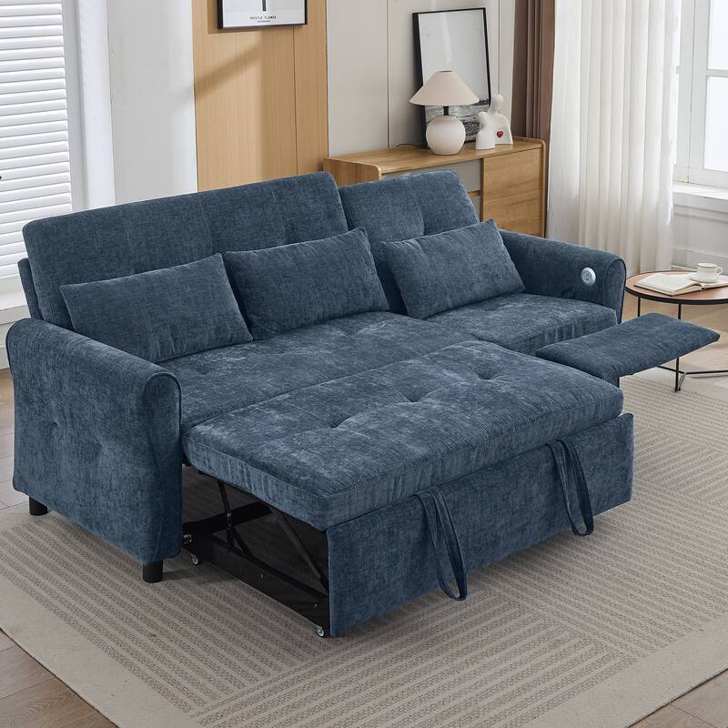 2-in-1 Chenille Sleeper Sofa, Living Room 3 Seater Sofa with a Reversible Recliner Sofa - Blue