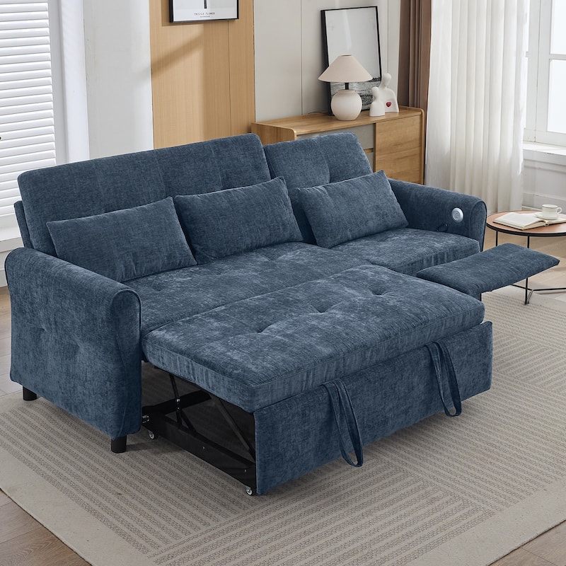 2-in-1 Sleeper Sofa Bed, 3 Seater Sectional Sofa with Pull Out Bed, Reversible Recliner Sofa with Pillows and USB Port - Blue
