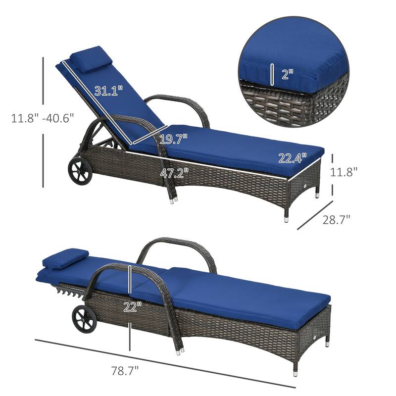 Outsunny Wicker Outdoor Chaise Lounge, 5-Level Adjustable Backrest Pe Rattan Pool Lounge Chair With Wheels, Cushion & Headrest