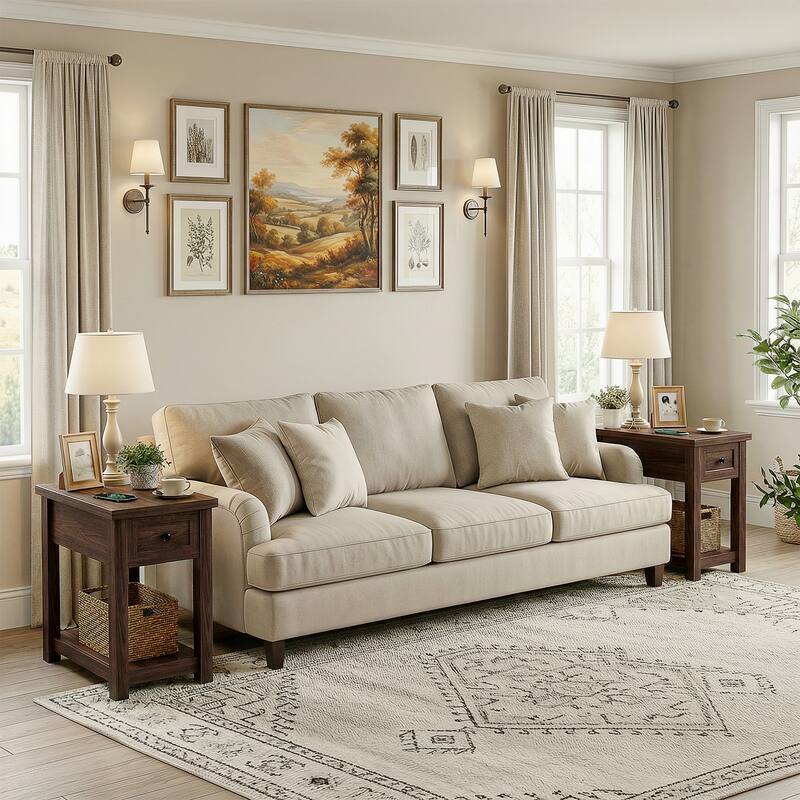 Farmhouse End Table with Wood Drawers and Charging Station, Sofa Side Table, Nightstand