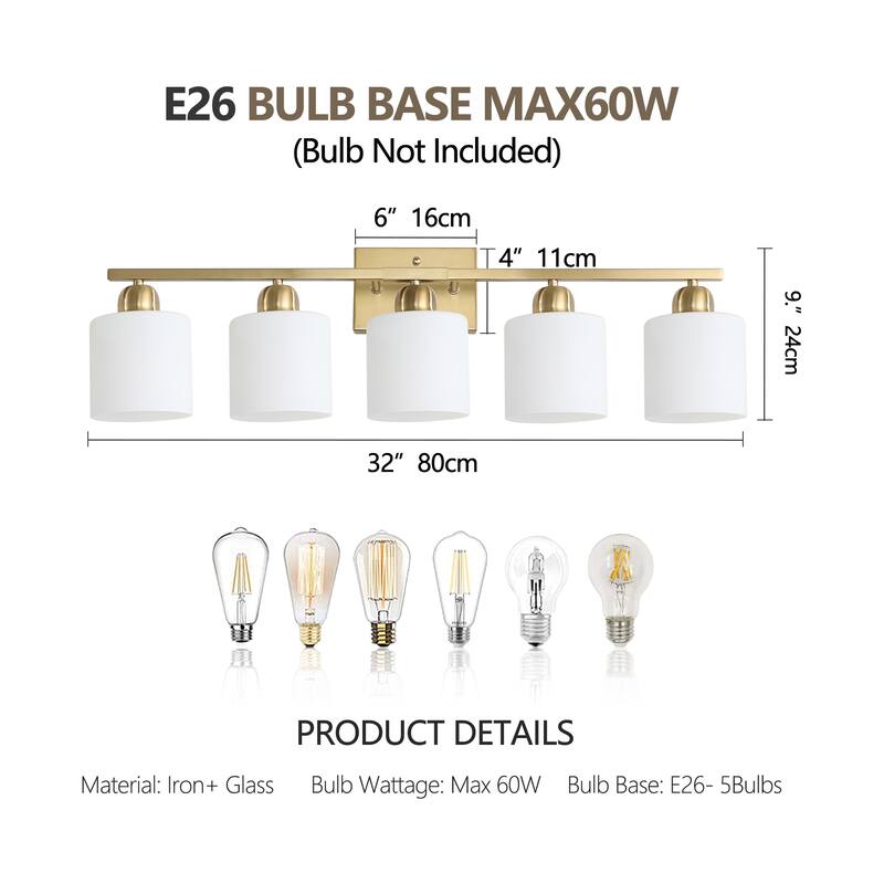 5-Light Gold Bathroom Vanity - Milky Frosted Glass - E26 Socket