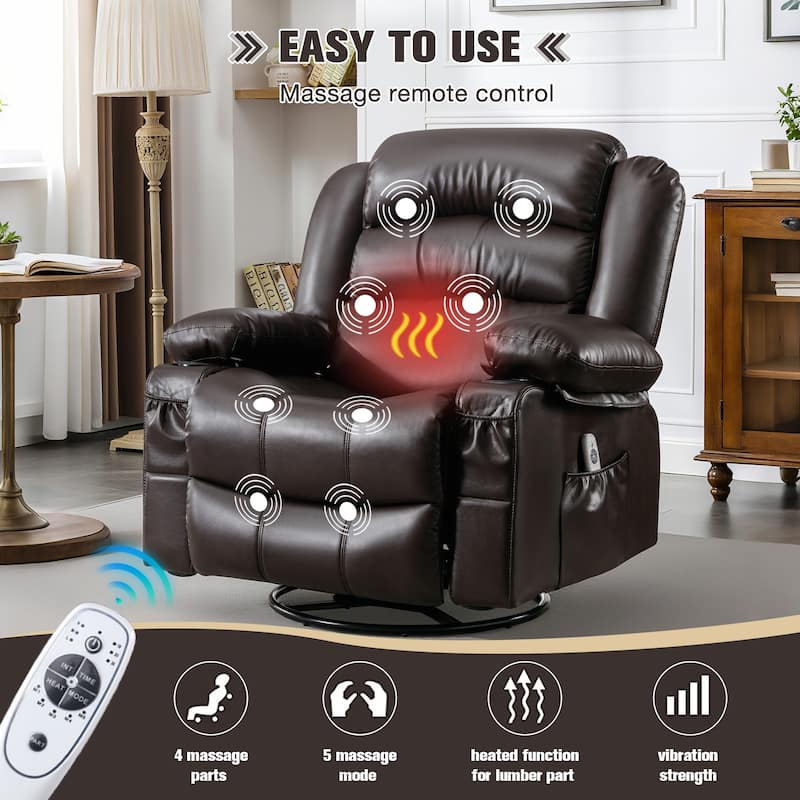 Recliner Chair with Massage & Heat, PU Leather Swivel Recliner, Electric Recliner with Side Pocket 2 Cup Holders & USB Port