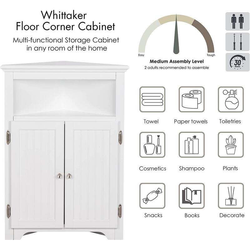 UTEX Corner Free Storage Cabinet, Bathroom Floor Corner Cabinet with Doors and Shelves for Bathroom, Kitchen, Living Room, White