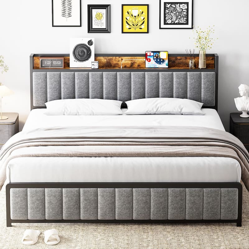 Upholstered Bed Frame with Charging Station - Grey - Full