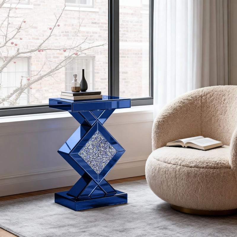 Modern Mirrored Glass Top End Table with Crushed Diamond