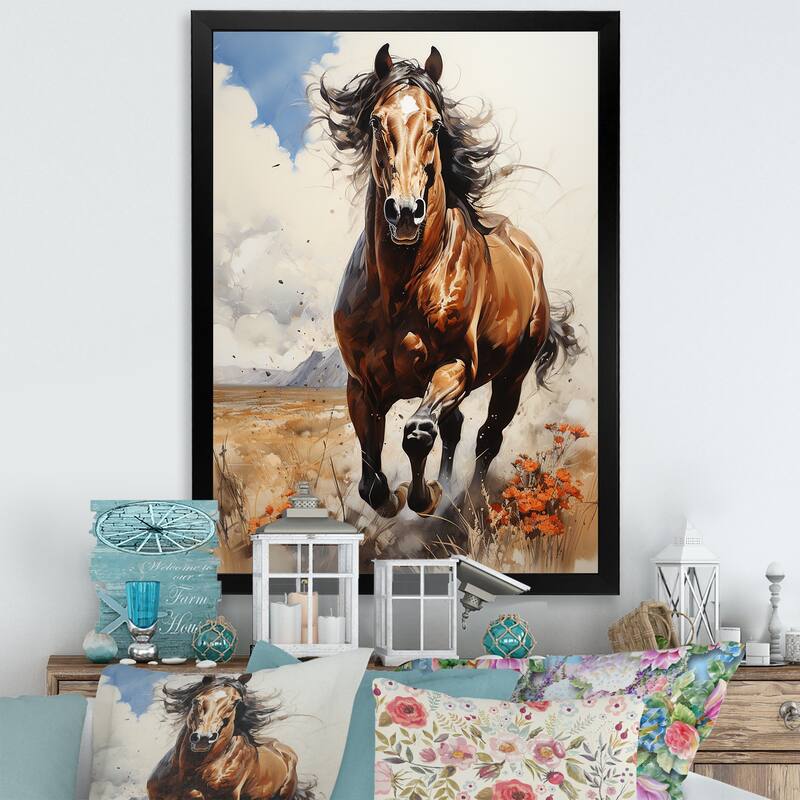 Designart "Brown Horse Galloping In The Wild" Horse Wall Decor Brown - Traditional Entryway Framed Wall Art - 12 in. wide x 20 in. high - Black