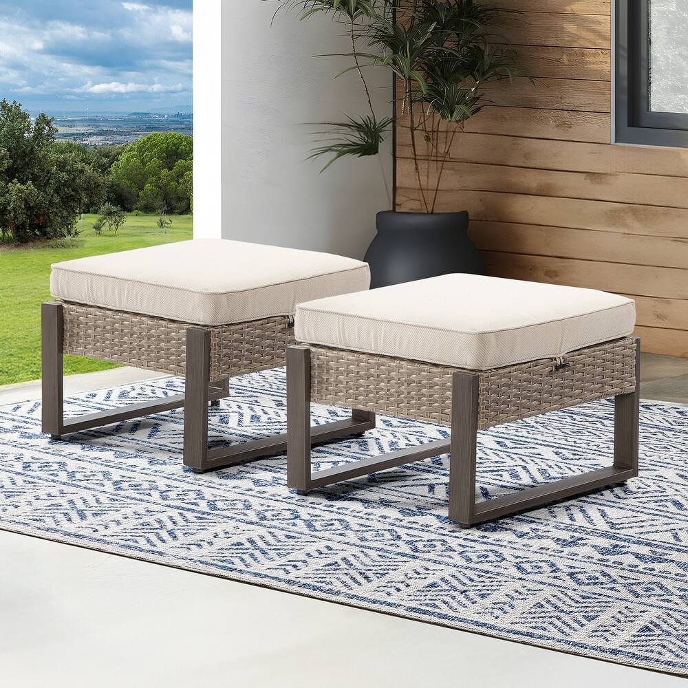 Cozywor 2-Piece Wicker Outdoor Patio Ottoman with Steel Frame and Cushions