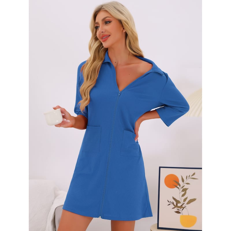 Women's Zip Up Robes 3/4 Sleeves Waffle Bathrobe Sleepwear with Pockets