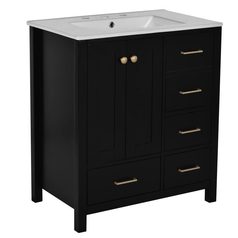 30-Inch Retro Style Bathroom Vanity with Ceramic Sink, 4 Drawers, Soft-Close Hinges, High-Quality MDF Construction