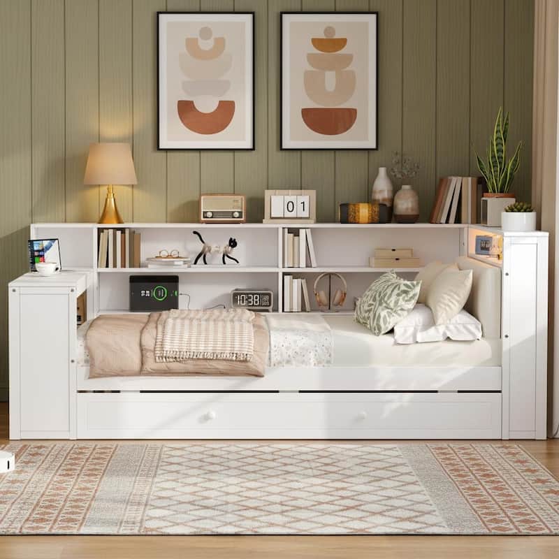 Daybed Bed with Trundle, Storage Shelves, Charging Station, & LED Light by Harper&Bright Designs